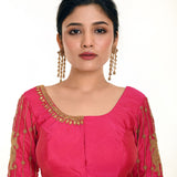 Pink Aari Work Bridal Blouse In Pure Silk with U-Neckline and Elbow Length Sleeves  - Anvi Couture