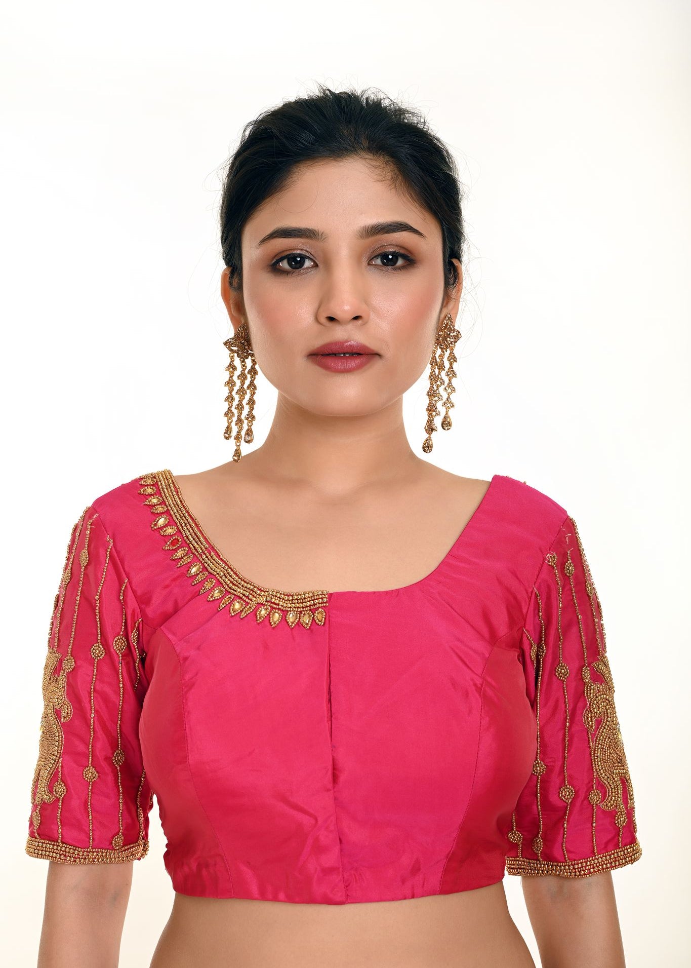 Pink Aari Work Bridal Blouse In Pure Silk with U-Neckline and Elbow Length Sleeves  - Anvi Couture