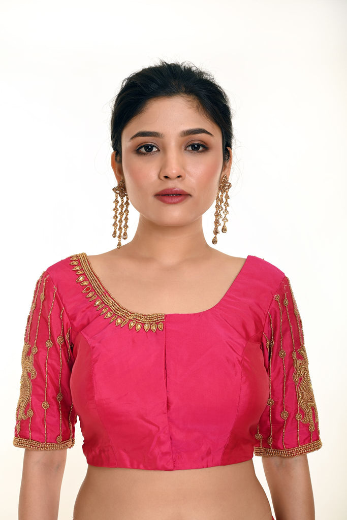 Pink Aari Work Bridal Blouse In Pure Silk with U-Neckline and Elbow Length Sleeves