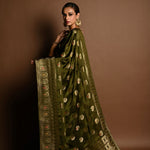 Olive Green Satin Silk Handloom Banarasi Saree - Image 5