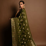 Olive Green Satin Silk Handloom Banarasi Saree - Image 5