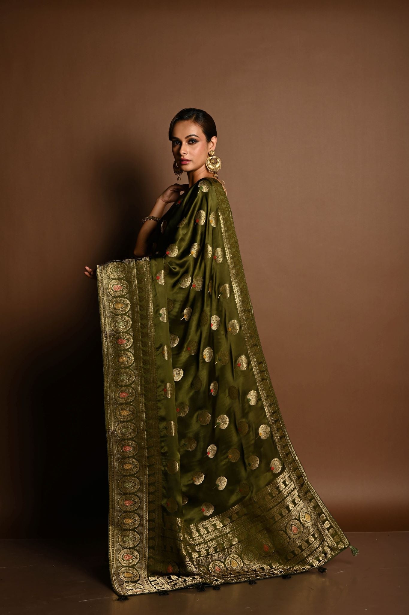 Olive Green Satin Silk Handloom Banarasi Saree - Anvi Couture