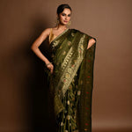 Olive Green Satin Silk Handloom Banarasi Saree - Anvi Couture