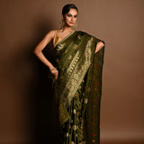 Olive Green Satin Silk Handloom Banarasi Saree - Anvi Couture