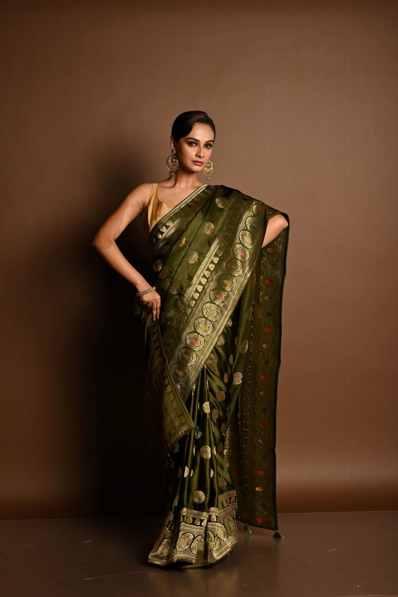 Olive Green Satin Silk Handloom Banarasi Saree - Image 1