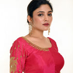 Pink Aari Work Bridal Blouse In Pure Silk with U-Neckline and Elbow Length Sleeves  - Anvi Couture