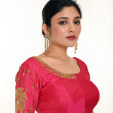 Pink Aari Work Bridal Blouse In Pure Silk with U-Neckline and Elbow Length Sleeves  - Anvi Couture