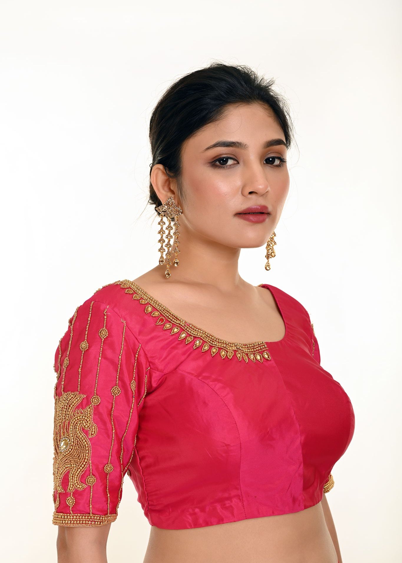 Pink Aari Work Bridal Blouse In Pure Silk with U-Neckline and Elbow Length Sleeves  - Anvi Couture