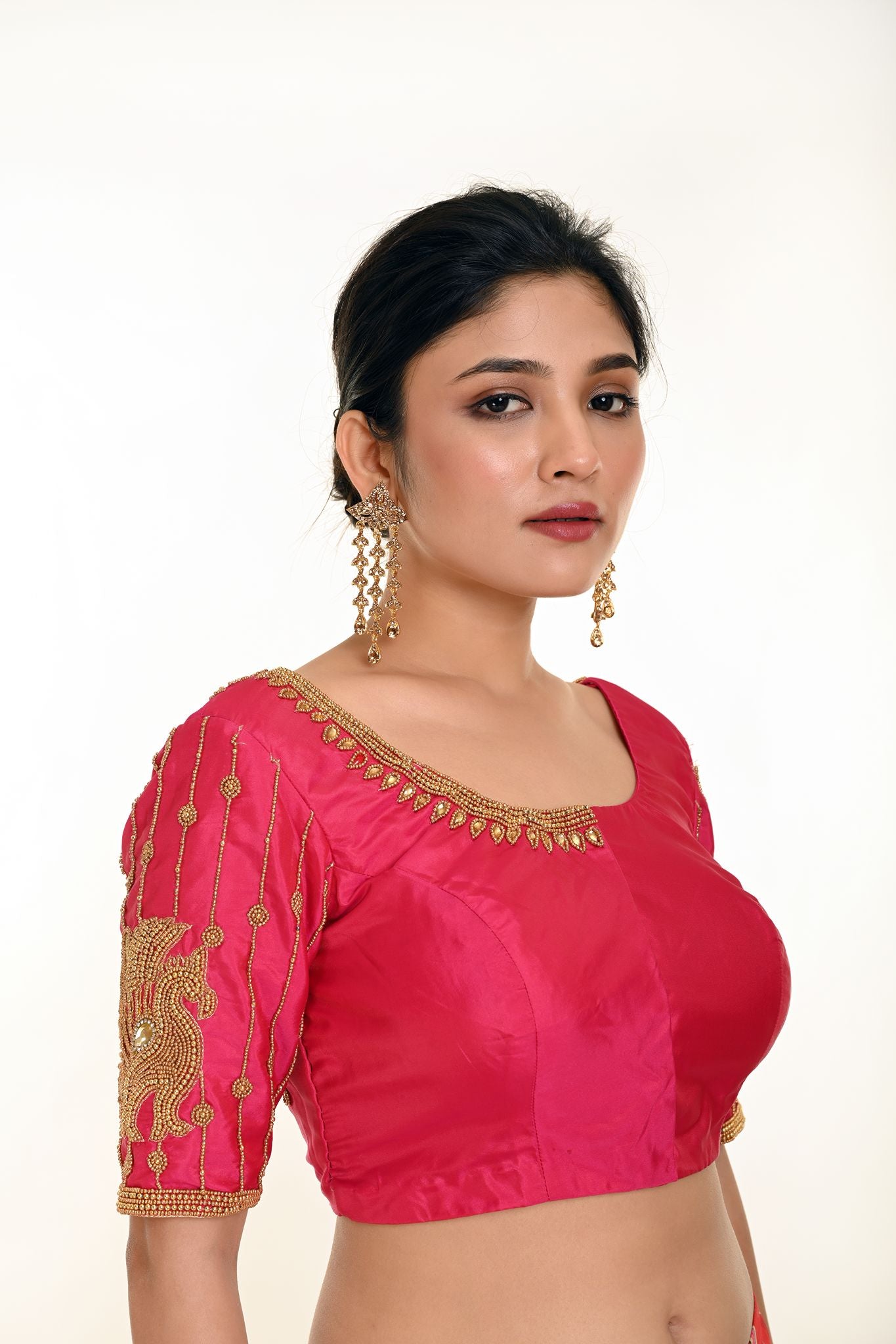 Pink Aari Work Bridal Blouse In Pure Silk with U-Neckline and Elbow Length Sleeves  - Anvi Couture