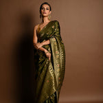 Olive Green Satin Silk Handloom Banarasi Saree - Anvi Couture