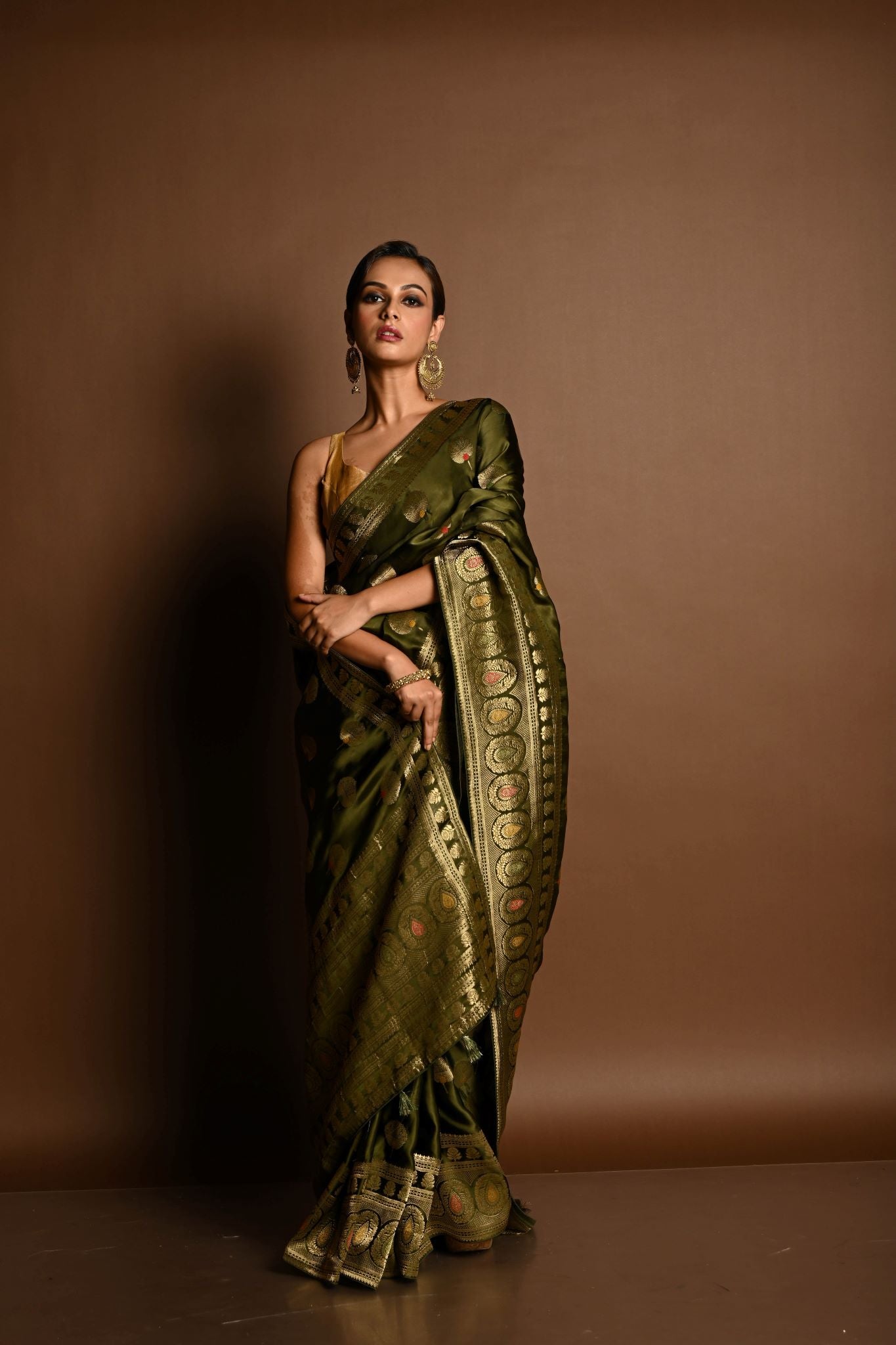 Olive Green Satin Silk Handloom Banarasi Saree - Image 2