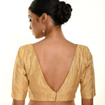 Gold Brocade Blouse with Deep V Neckline and Elbow Sleeves - Anvi Couture