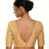 Gold Brocade Blouse with Deep V Neckline and Elbow Sleeves - Anvi Couture