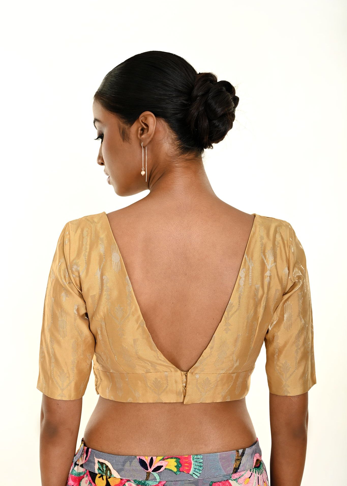 Gold Brocade Blouse with Deep V Neckline and Elbow Sleeves - Anvi Couture