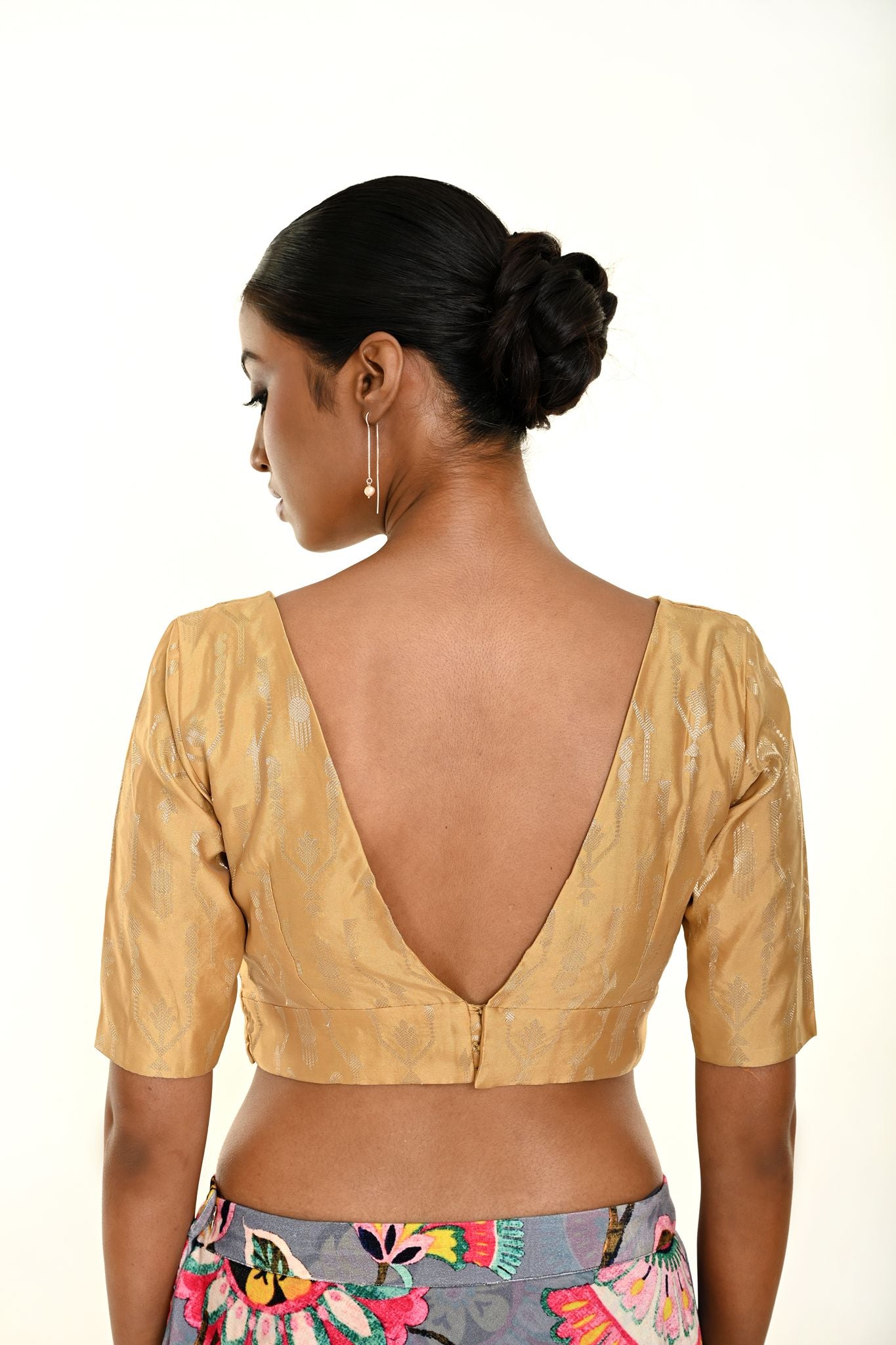 Gold Brocade Blouse with Deep V Neckline and Elbow Sleeves - Anvi Couture