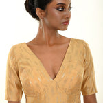 Gold Brocade Blouse with Deep V Neckline and Elbow Sleeves - Anvi Couture