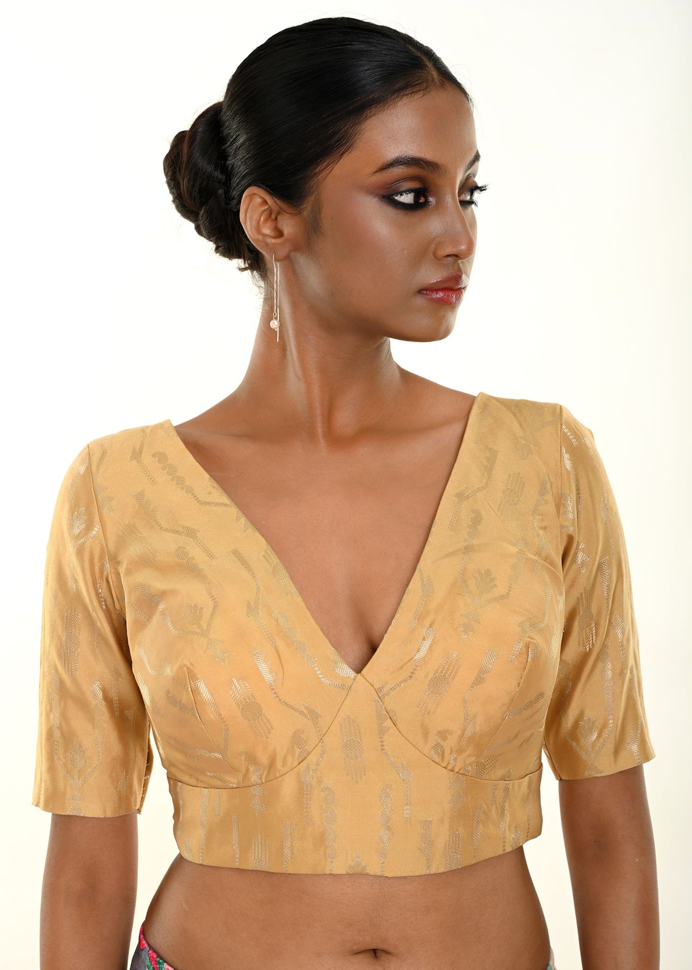 Gold Brocade Blouse with Deep V Neckline and Elbow Sleeves - Anvi Couture