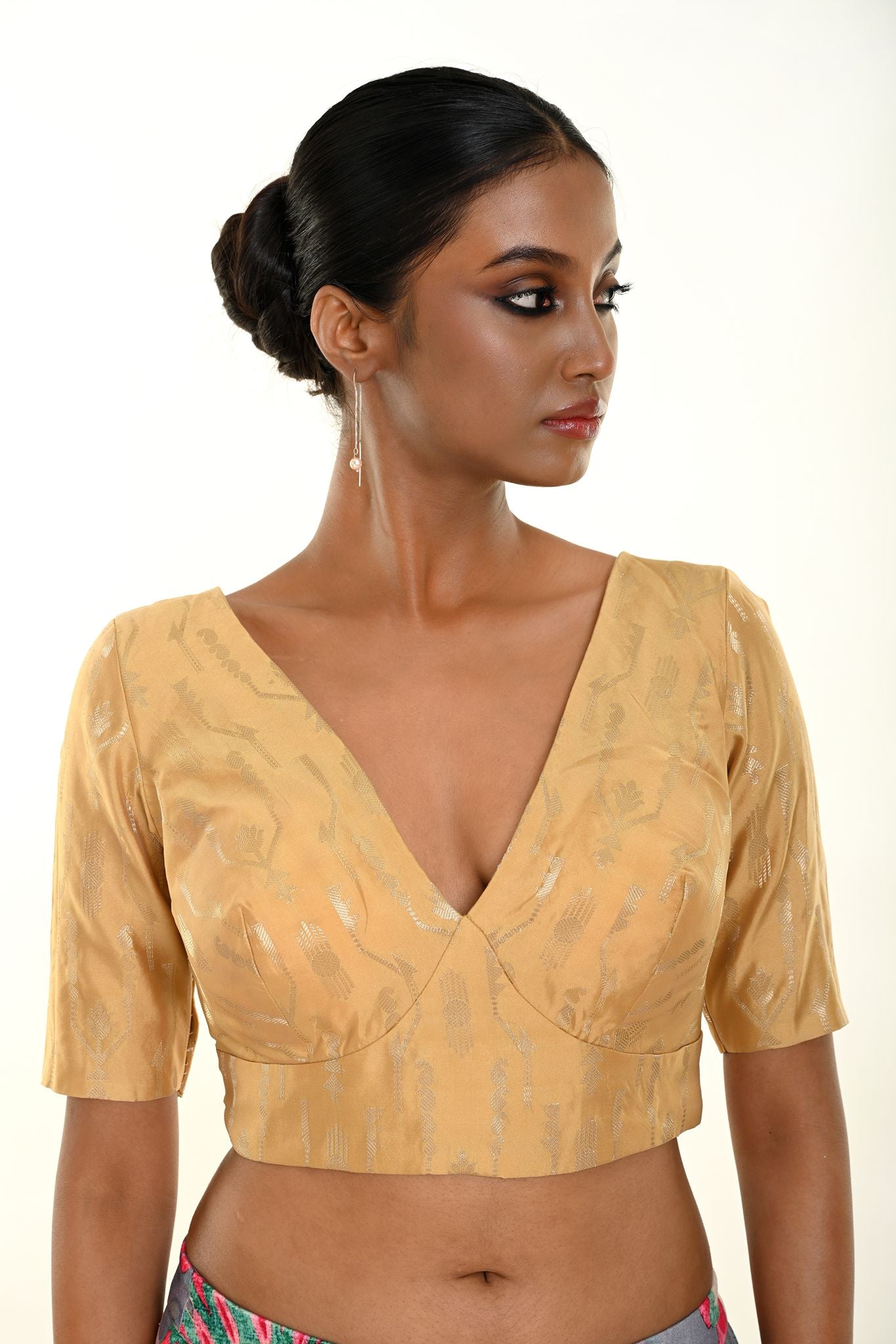 Gold Brocade Blouse with Deep V Neckline and Elbow Sleeves - Anvi Couture