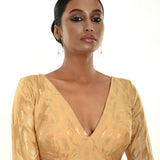 Gold Brocade Blouse with Deep V Neckline and Elbow Sleeves - Anvi Couture