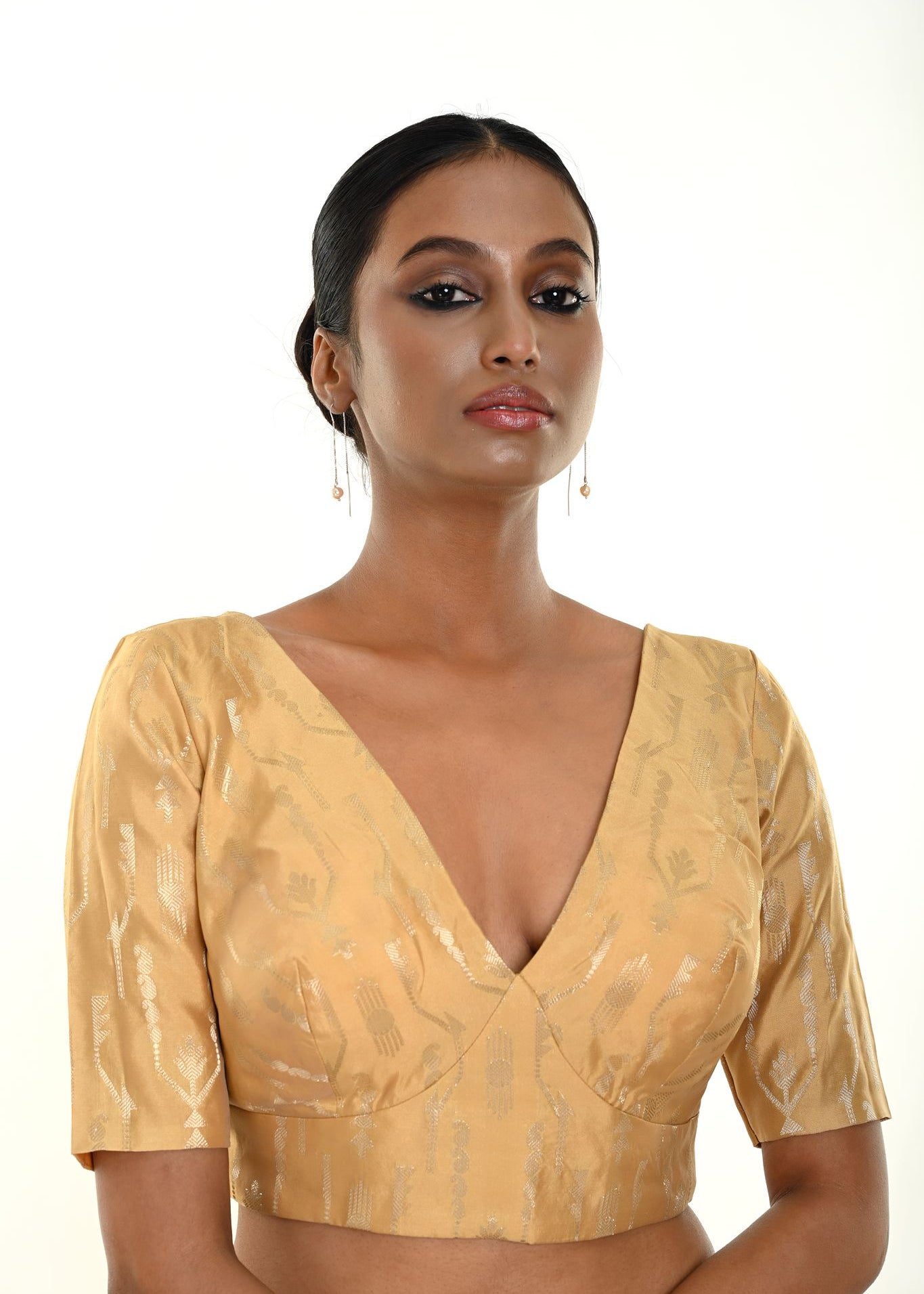 Gold Brocade Blouse with Deep V Neckline and Elbow Sleeves - Anvi Couture