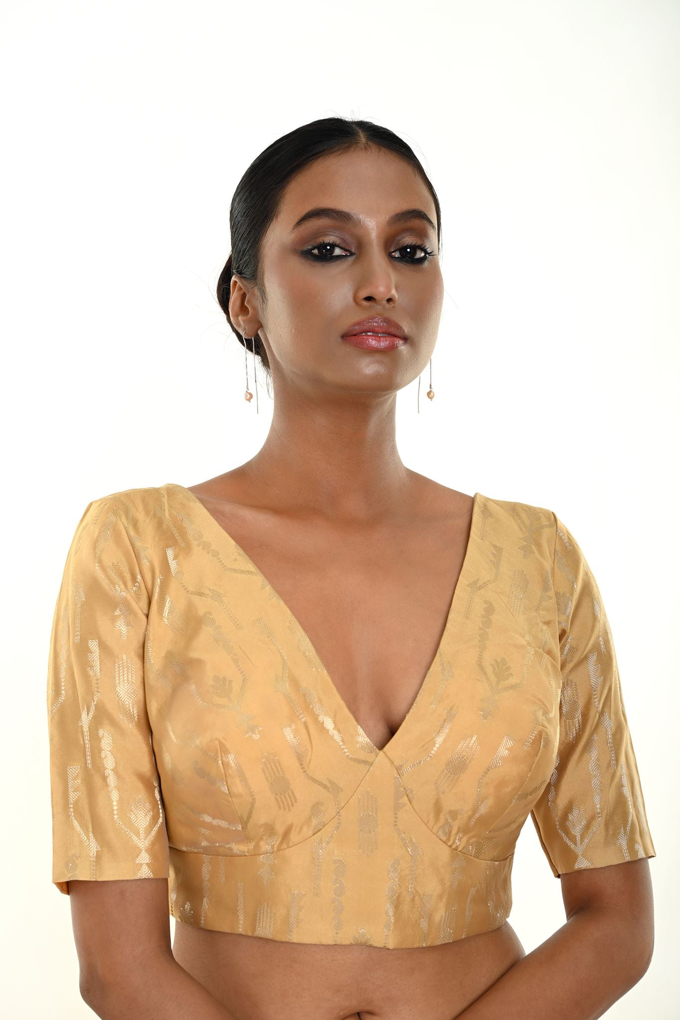 Gold Brocade Blouse with Deep V Neckline and Elbow Sleeves - Anvi Couture