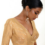 Gold Brocade Blouse with Deep V Neckline and Elbow Sleeves - Anvi Couture