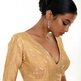 Gold Brocade Blouse with Deep V Neckline and Elbow Sleeves - Anvi Couture