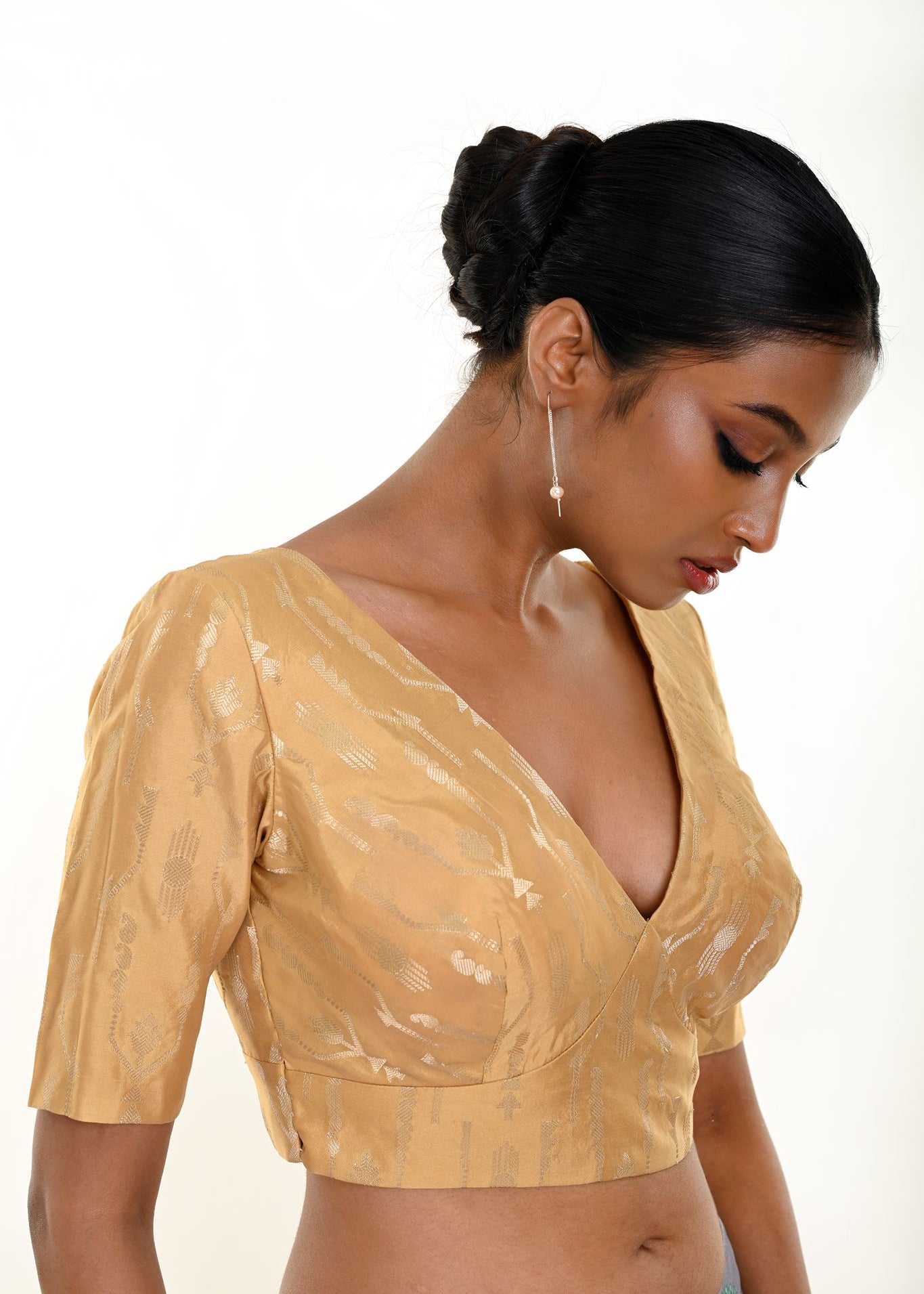 Gold Brocade Blouse with Deep V Neckline and Elbow Sleeves - Anvi Couture