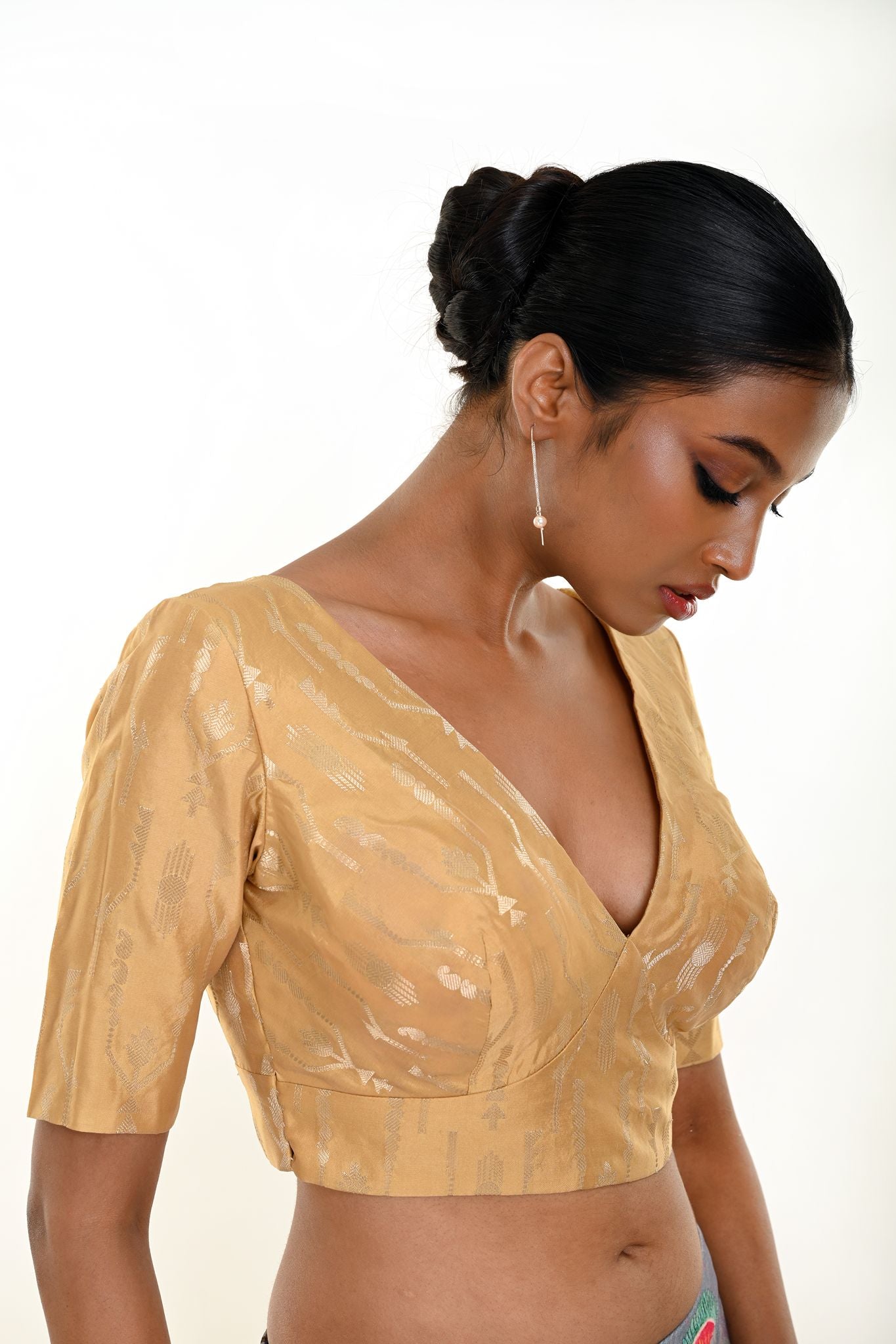 Gold Brocade Blouse with Deep V Neckline and Elbow Sleeves - Anvi Couture