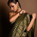 Olive Green Satin Silk Handloom Banarasi Saree - Image 5