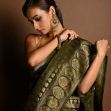 Olive Green Satin Silk Handloom Banarasi Saree - Anvi Couture