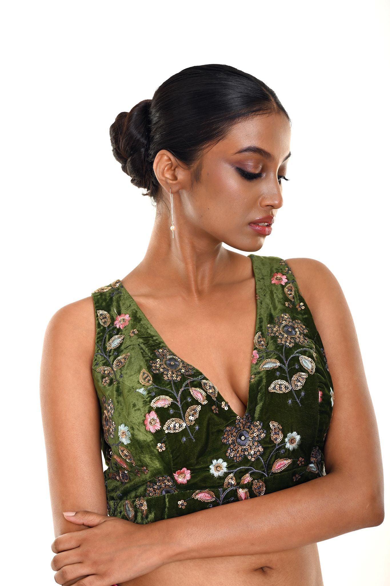 Forest Green Velvet Embroidery Sleeveless Blouse with Diamond Back Cutout and Deep V Neckline  - Anvi Couture