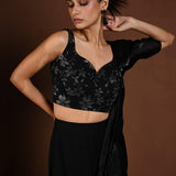 Black Party Wear Lehenga with Floral Motif Choli and Ruffle Dupatta - Anvi Couture