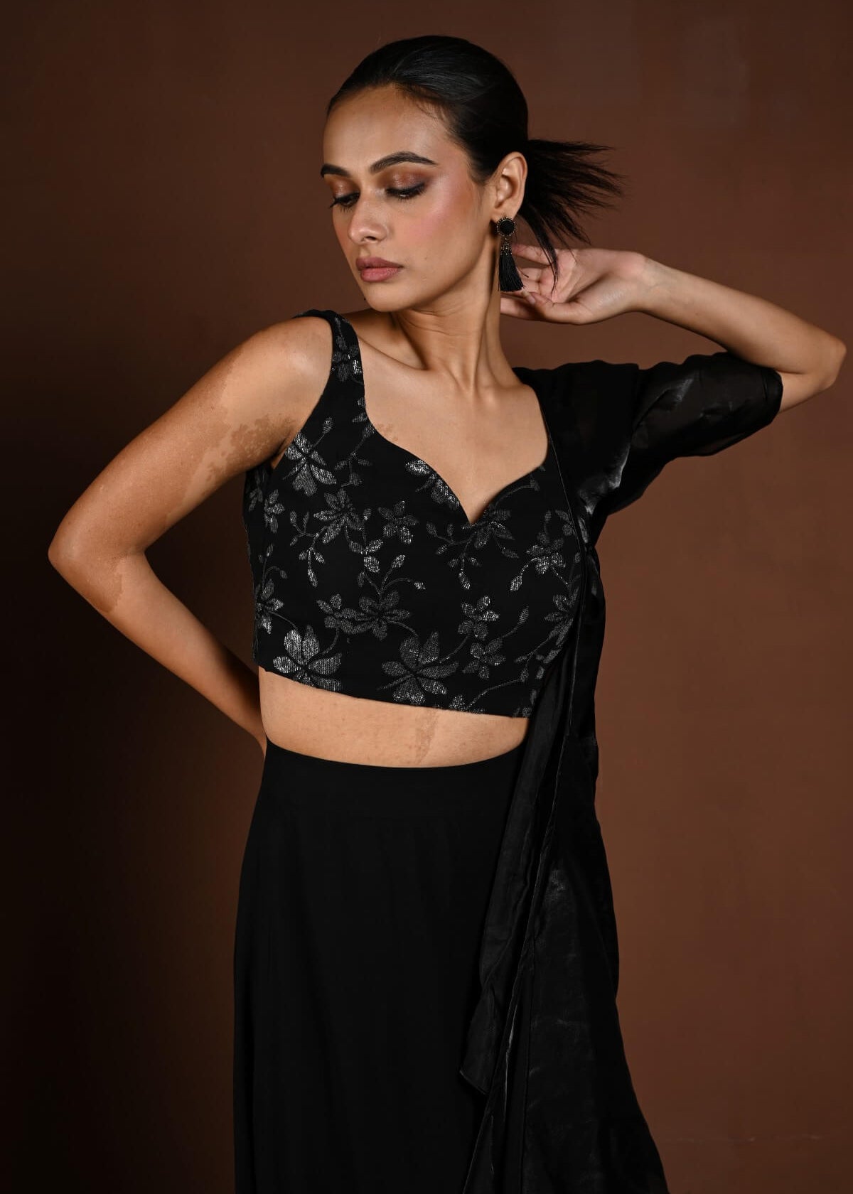 Black Party Wear Lehenga with Floral Motif Choli and Ruffle Dupatta - Anvi Couture