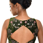 Forest Green Velvet Embroidery Sleeveless Blouse with Diamond Back Cutout and Deep V Neckline  - Anvi Couture