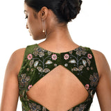 Forest Green Velvet Embroidery Sleeveless Blouse with Diamond Back Cutout and Deep V Neckline  - Anvi Couture