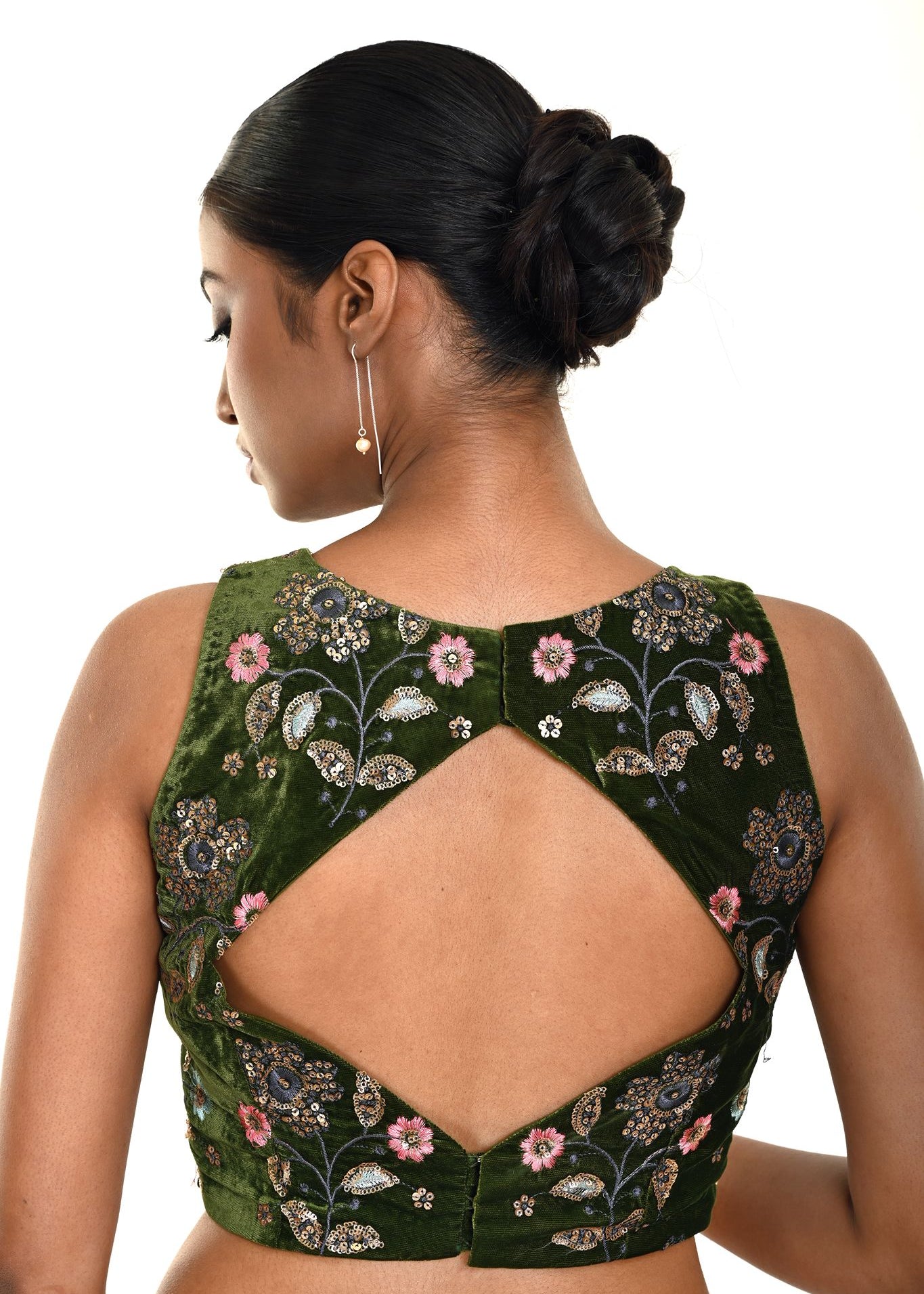 Forest Green Velvet Embroidery Sleeveless Blouse with Diamond Back Cutout and Deep V Neckline  - Anvi Couture