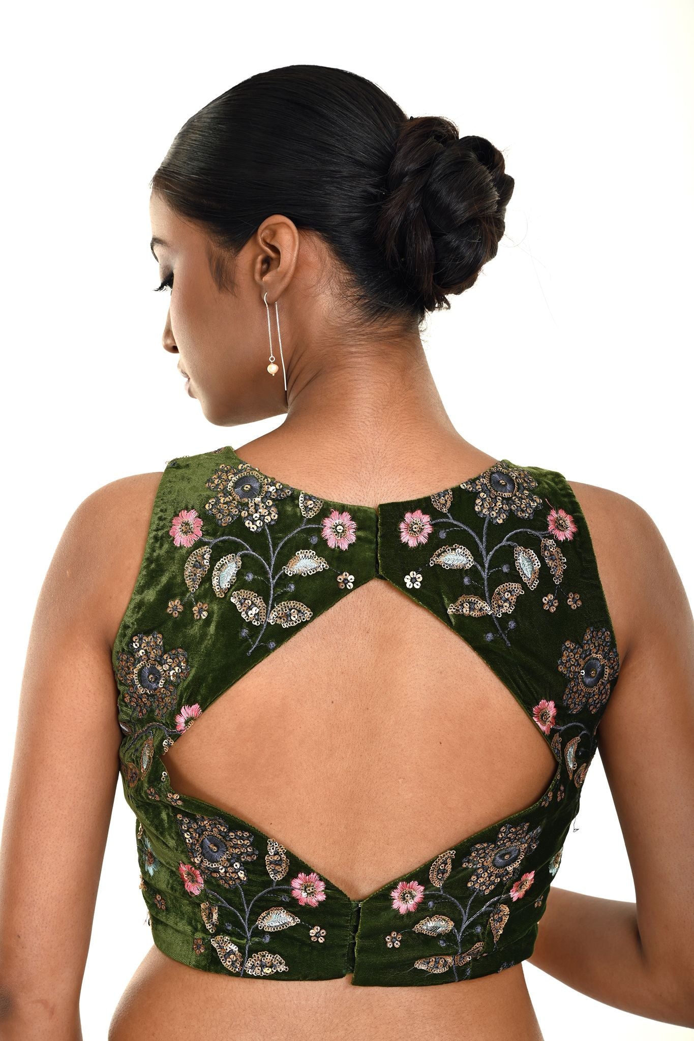 Forest Green Velvet Embroidery Sleeveless Blouse with Diamond Back Cutout and Deep V Neckline  - Anvi Couture