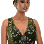 Forest Green Velvet Embroidery Sleeveless Blouse with Diamond Back Cutout and Deep V Neckline  - Anvi Couture