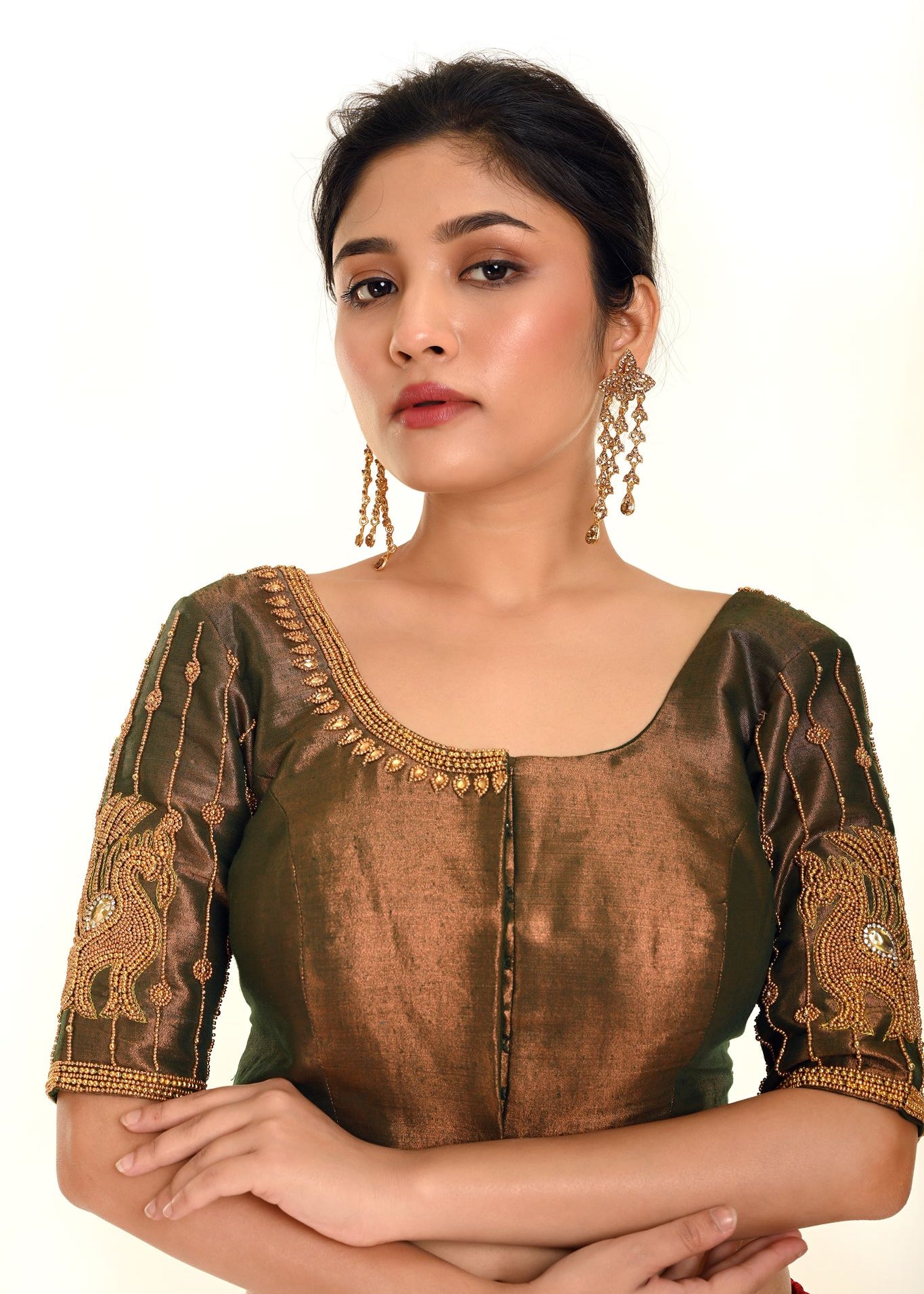 Aari Work Bridal Blouse in Copper Brown Dual Tone - Anvi Couture