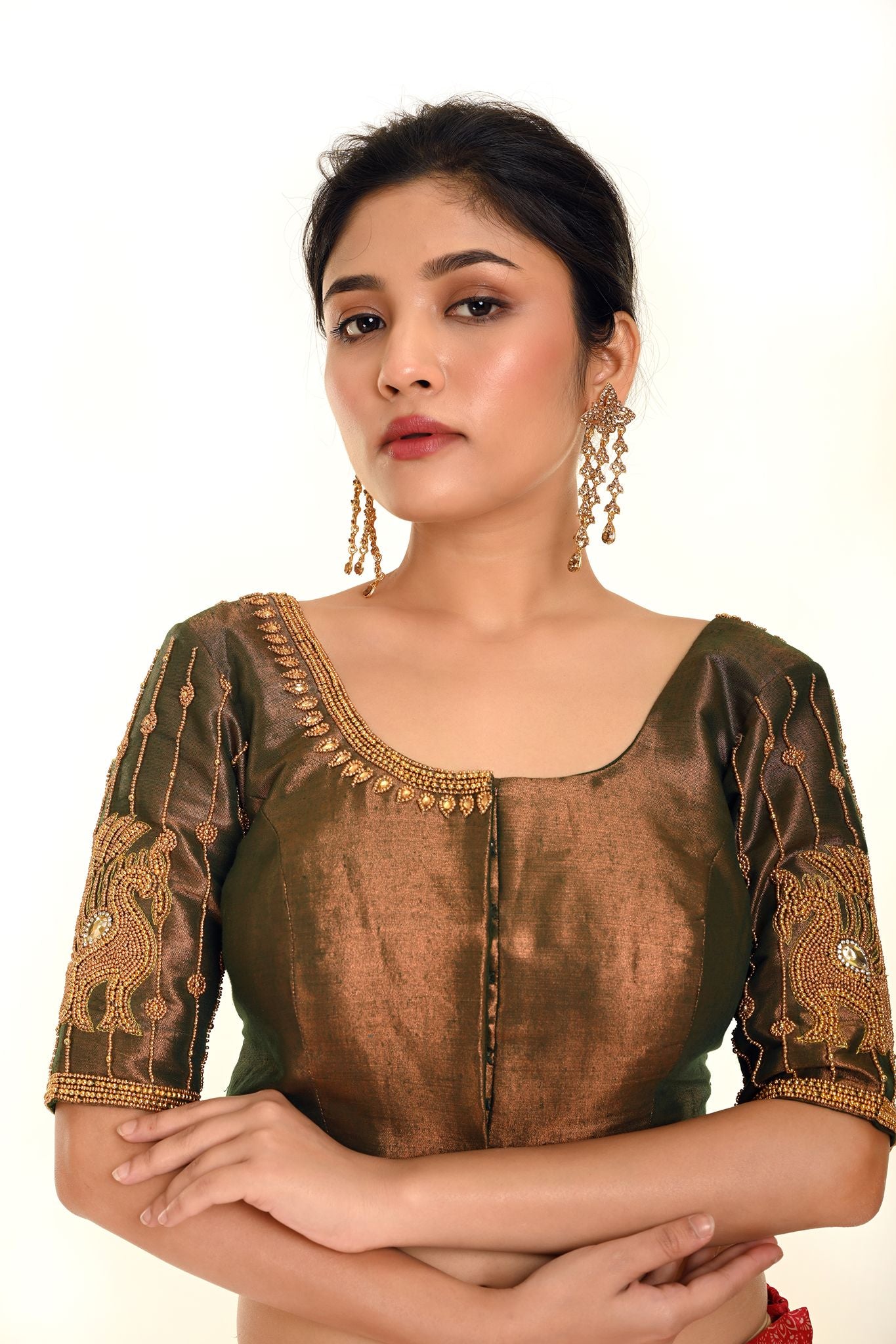 Aari Work Bridal Blouse in Copper Brown Dual Tone - Anvi Couture