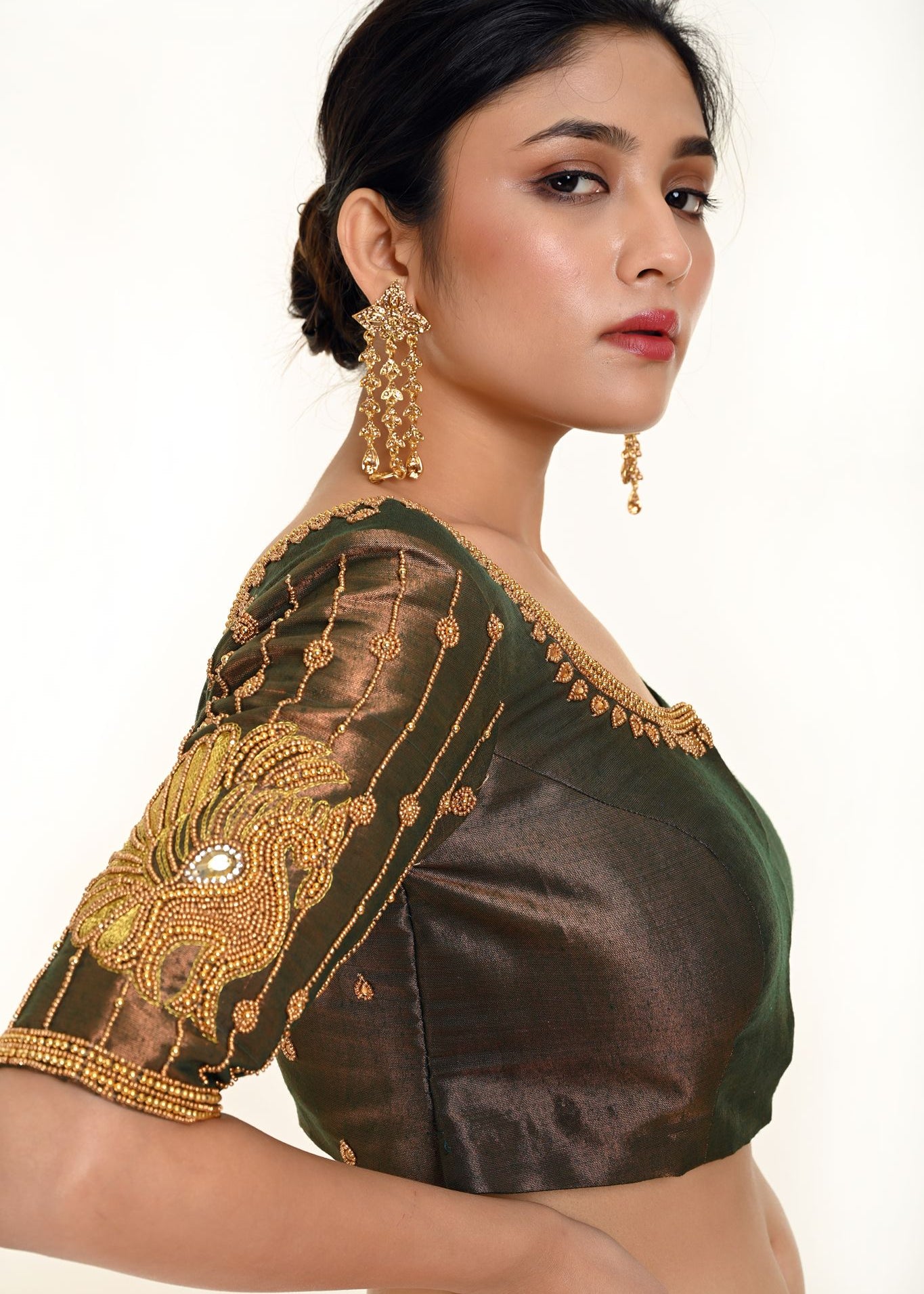 Aari Work Bridal Blouse in Copper Brown Dual Tone - Anvi Couture