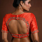 Orange Bridal Blouse with Half Sleeves in Raw Silk and Back Cutout - Anvi Couture