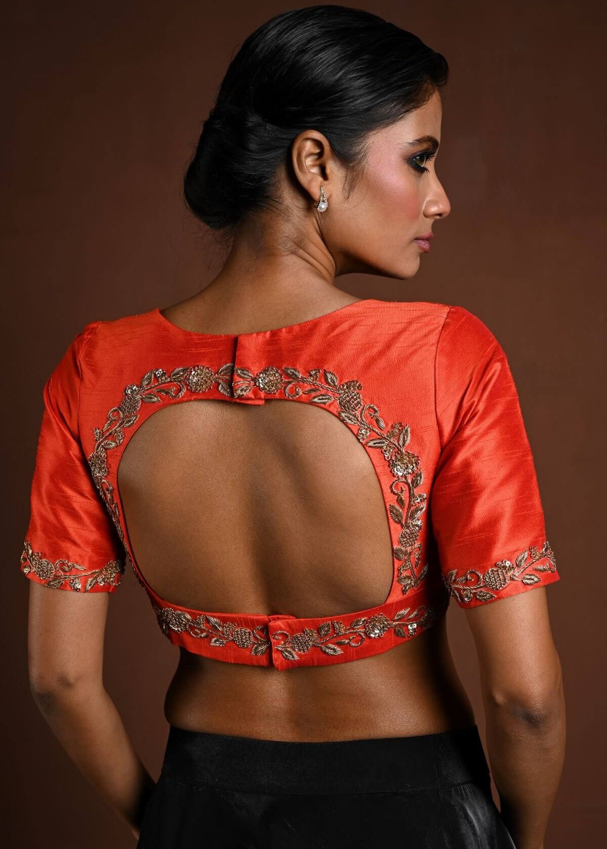 Orange Bridal Blouse with Half Sleeves in Raw Silk and Back Cutout - Anvi Couture