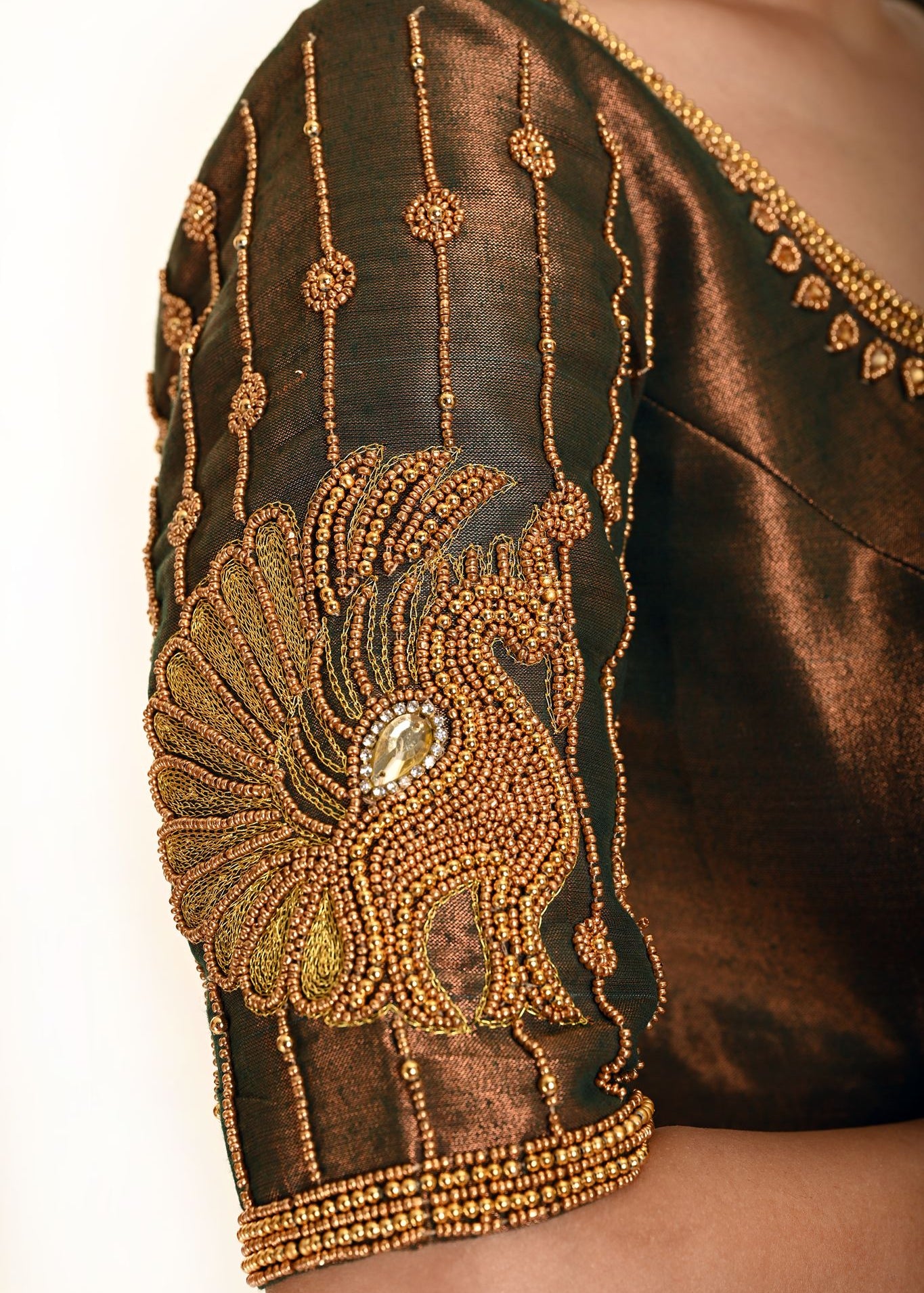 Aari Work Bridal Blouse in Copper Brown Dual Tone - Anvi Couture