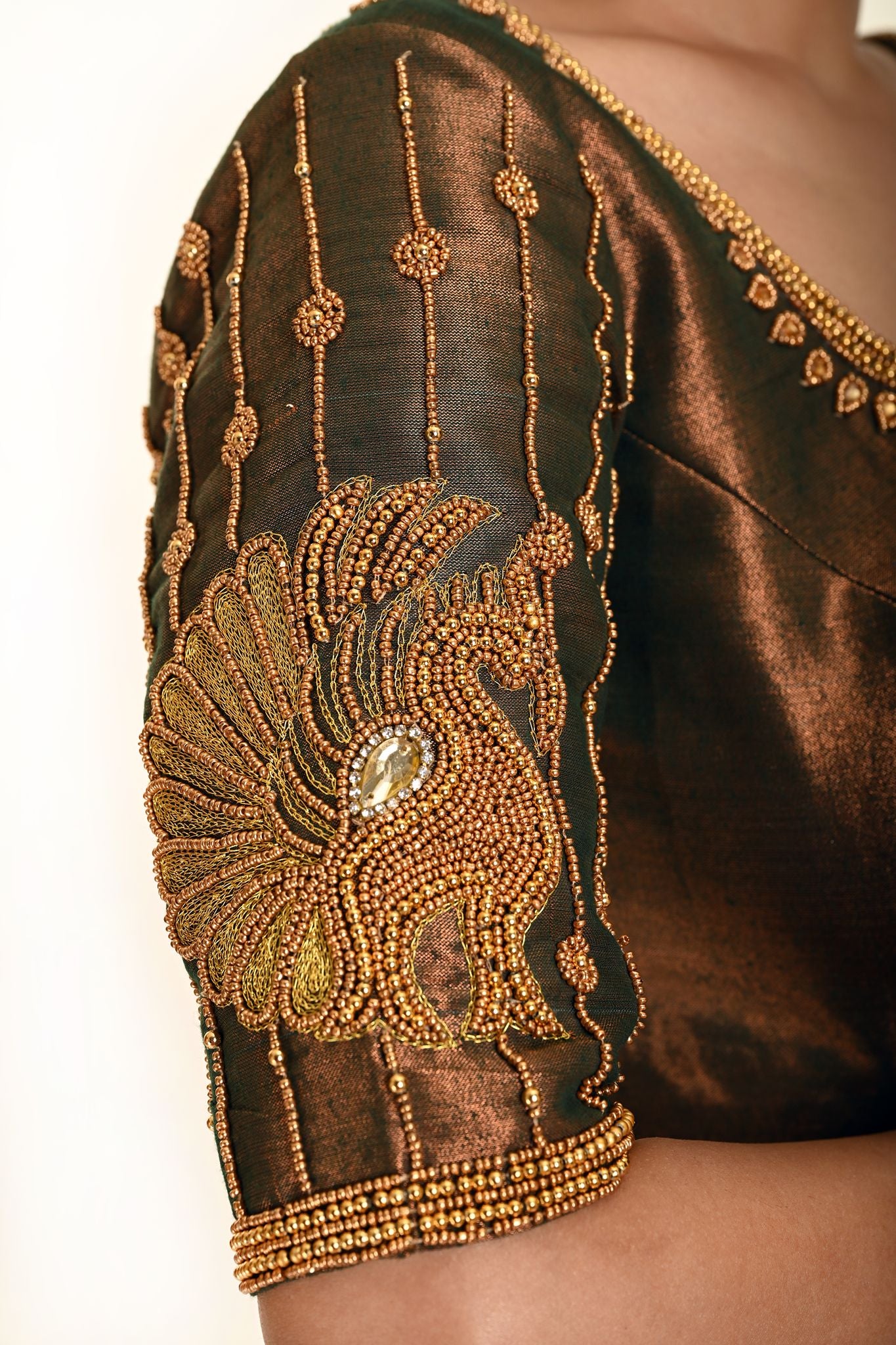 Aari Work Bridal Blouse in Copper Brown Dual Tone - Anvi Couture