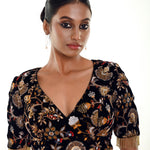 Black Velvet Embroidery Blouse With Tassel Detailing and Curved V Neckline - Anvi Couture