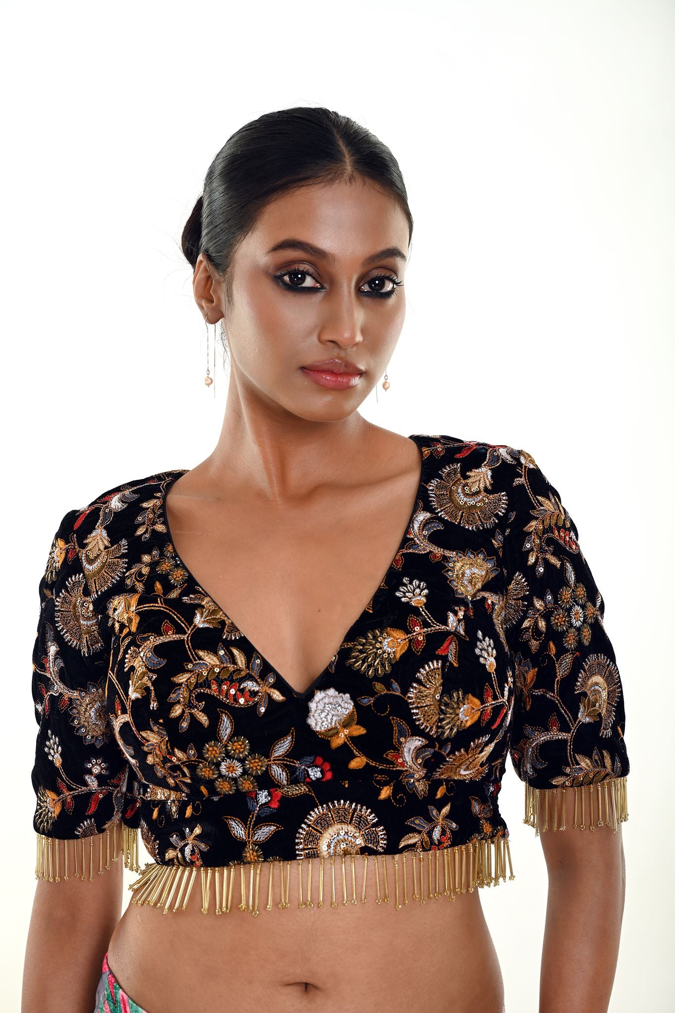 Black Velvet Embroidery Blouse With Tassel Detailing and Curved V Neckline - Anvi Couture