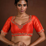 Orange Bridal Blouse with Half Sleeves in Raw Silk and Back Cutout - Anvi Couture