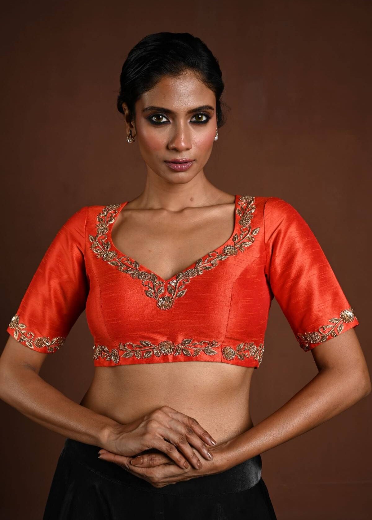 Orange Bridal Blouse with Half Sleeves in Raw Silk and Back Cutout - Anvi Couture